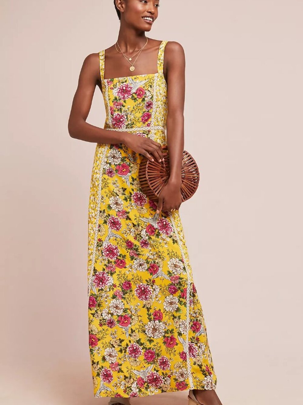 Anthropologie Yellow Floral Maxi Dress with Pink Accents